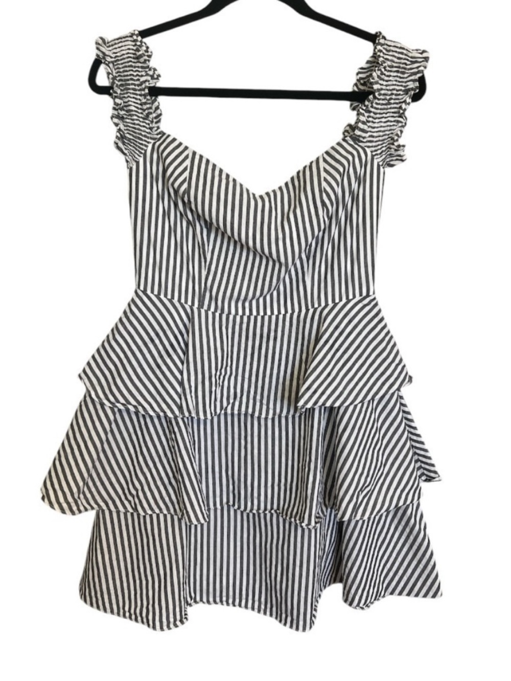 Santo by Paolo de Santo Gray & White Striped Ruffle Tiered Mini Dress Cotton